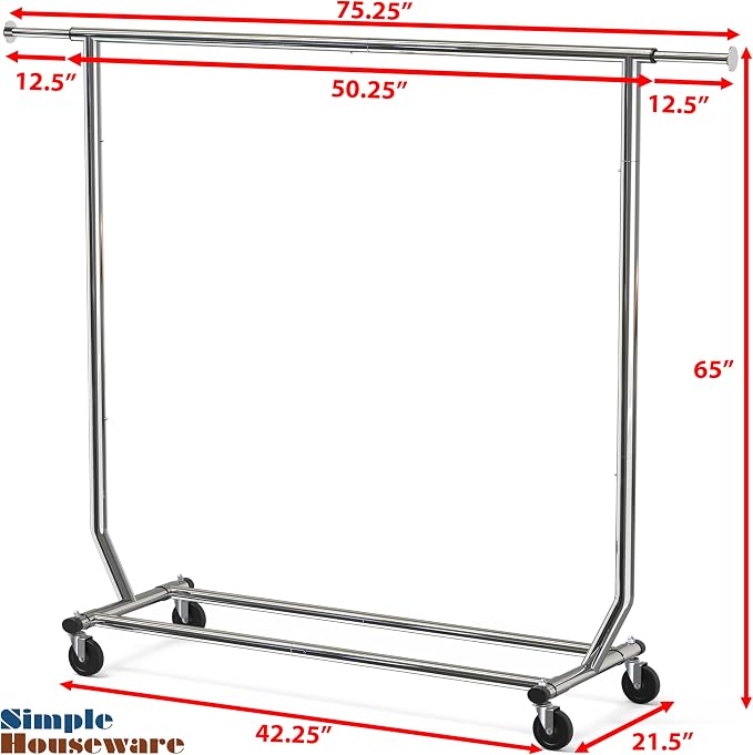 Simple Houseware Supreme Commercial Grade Clothing Garment Rack, Chrome | Holds Up to 250 lbs, Extendable Width from 50.25 to 75.25 Inches