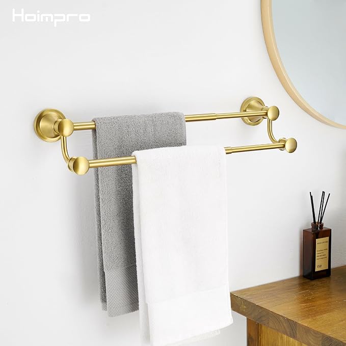 Hoimpro Double Towel Bar Towel Rack for Bathroom Wall Mounted Brushed Gold | Adjustable 16-26 In,Wall Mounted Towel Holder, Stainless Steel, Rustproof, Towel Rod Hanger Hardware Accessories Hotel