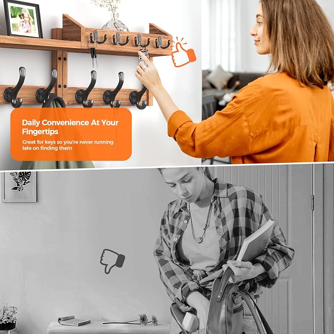 Evermagin 29" Coat Rack Wall Mount with Shelf & 11 Hooks, Entryway, Brown | 4-in-1: coat hooks, key hanger, mail holder & display shelf. Pine wood. For bedroom, hallway, mudroom, livingroom.