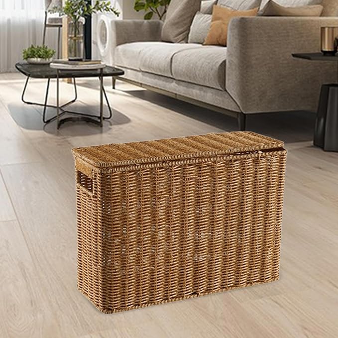 Generic Narrow and Tall Storage Box Woven Storage Basket with Lid Lightweight Decorative Storage Bin with Handle for Bedroom Clothing, S