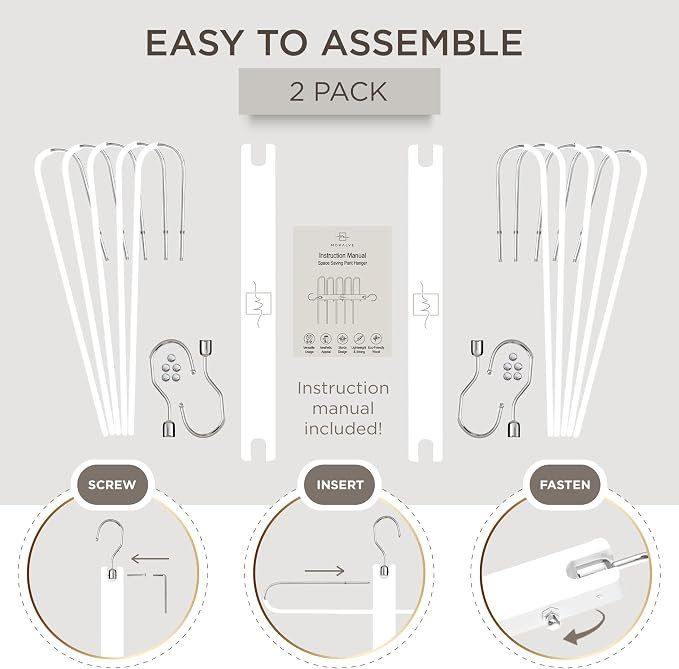 MORALVE Pants Hangers Space Saving - 2 Pack European Beechwood Scarf and Jean Hangers - Closet Organizer and Space Saver Pant Rack, Leggings Hanger, and Scarf Holder with 360° Swivel Hook