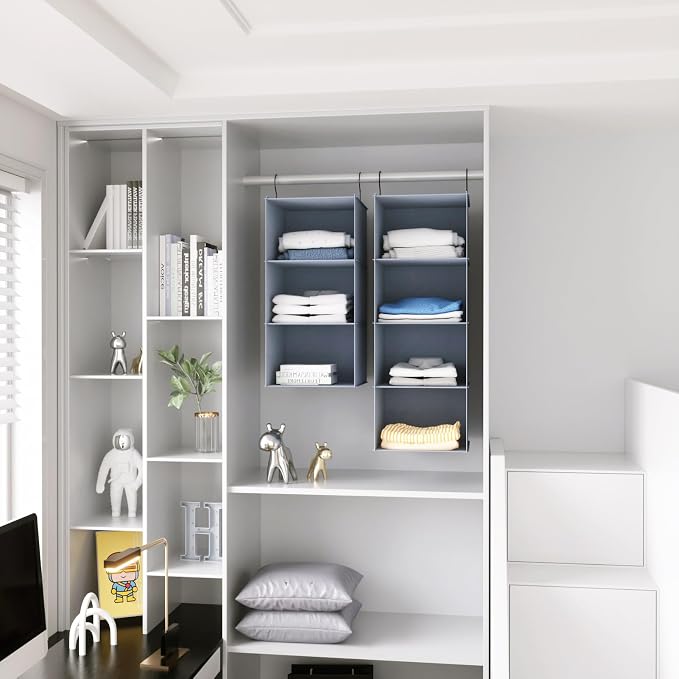 Hanging Closet Organizer 3-Shelf, Oxford Fabric Wardrobe Storage, Gray | Easy-mount foldable design holds clothes, handbags, shoes & accessories; washable Oxford fabric, sturdy and space-saving.