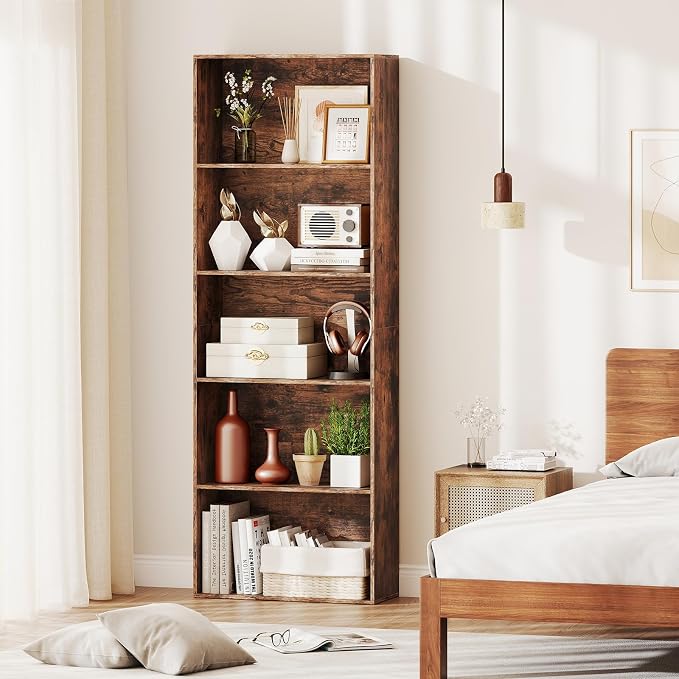 Giantex 5-Tier Bookshelf, Freestanding Bookcase with 5 Open Shelf, Modern Display Shelf, Storage Organizer for Living Room Bedroom Home Office, Rustic Brown