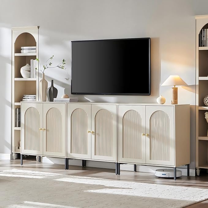 IFGET 92.63" W Modern Arched Sideboard Buffet Cabinet with Storage, Cream | Fluted Arch Sideboard Cabinet w/Adjustable Shelves, Wooden Modular Kitchen Cabinet for Dining& Living Room, Kitchen, Entryway