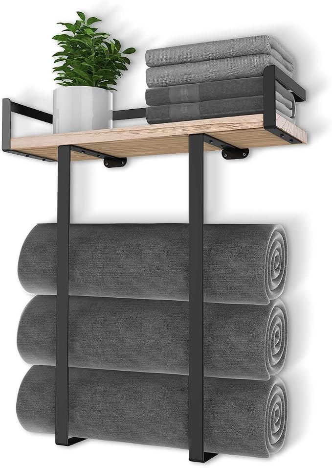 Xstydes Towel Racks for Bathroom Wall Mounted, Metal Towel Holder with Wooden Shelf for Folding Large Towels, Towel Storage for Small Bathroom Organizer Decor or RV Camping
