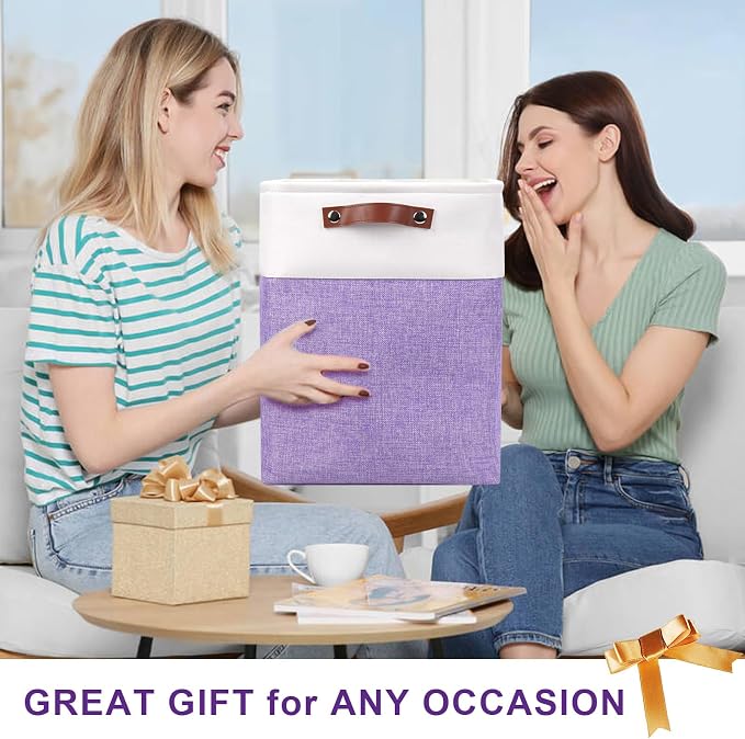 Bagnizer Large Fabric Storage Baskets | 50L Storage Bins, Decorative Linen Closet Baskets with Handles for Organizing, Shelf, Toys, Clothes, Home, Office, Nursery, 17x12x15Inches (Purple&White)