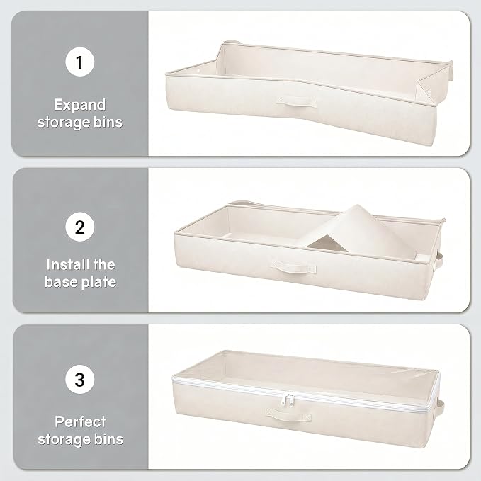 TidyCorner 2-Pack Under Bed Storage Containers, 4.5 Inches Tall Low Profile Underbed Clothes Storage Organizer Bin with Sturdy Sidewalls/Bottom, Underbed Storage Bins, Beige
