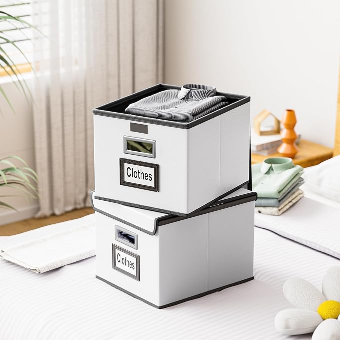 File Organizer Box with Lids, Collapsible File Folder Organizer | File Box with Plastic Slides for Document, Filing Bin for Letter Size Hanging File Folders (4 Pack, Silver, Leather)