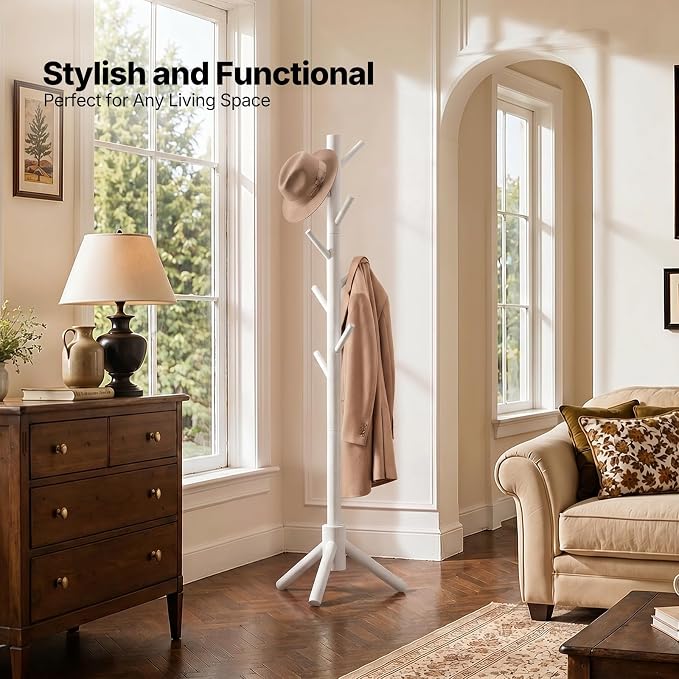 AMADA Solid Wooden Coat Rack Freestanding with 8 Hooks, White | 100% solid wood, 3 height options, widened base for stability, tool-free assembly, smooth rods & hooks prevent clothing snags