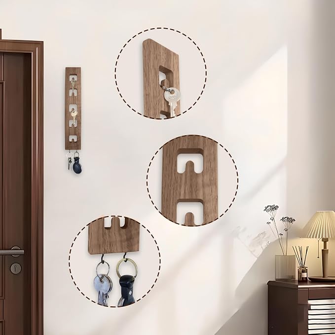 Vertical Wall Mounted Key Holder for Entryway – Narrow Wooden Key Rack with Hooks, Space Saving Organizer for Small Spaces, Solid Wood Rustic Design