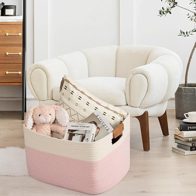 danpinera Large Woven Basket 25’’*16’’*16’’ Rectangle Woven Baskets for Storage, Storage for Living Room, Soft Cotton Rope Basket With Handle, Large Basket for Kids Dog Toys, 108L Pink+White