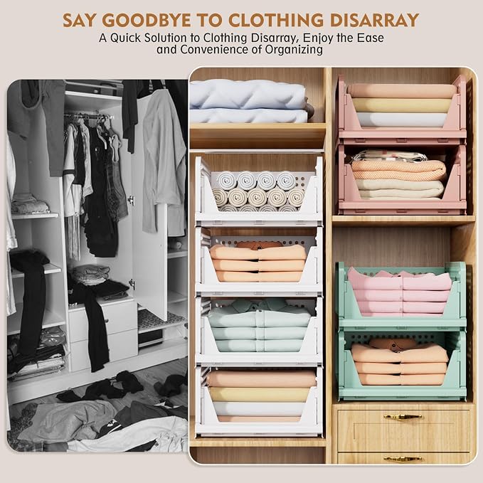 SNSLXH 8 Pack Stackable Closet Storage Bins, Multifunctional & Foldable Closet Organizers and Storage for Bathroom Kitchen Laundry Room Drawer Shelf Storage, Space-Saving Wardrobe Organizer, White