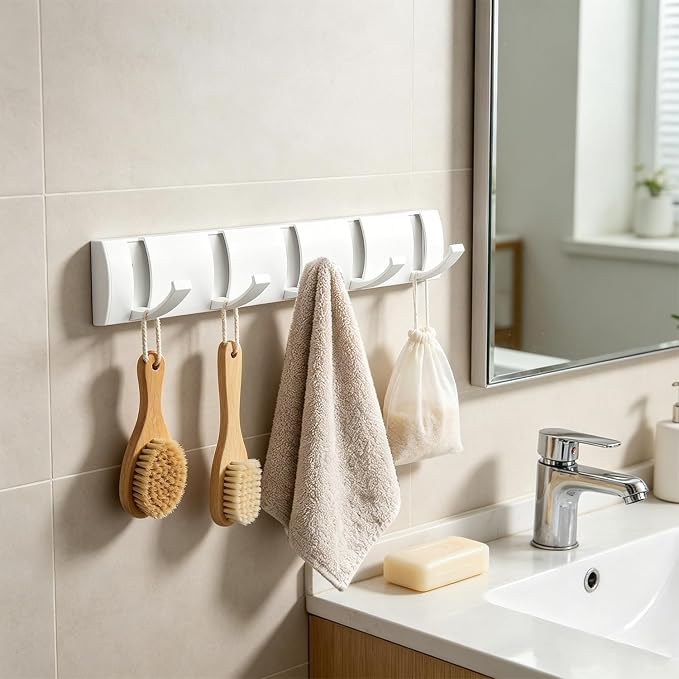 Folding Coat Hooks, Wall Mounted Coat Rack with 10 Retractable Hooks,Heavy Duty Towel Rack for Bathroom Wall Hook for Hanging Clothes Bathrobe, Stainless Steel Coat Hanger for Entryway(White)