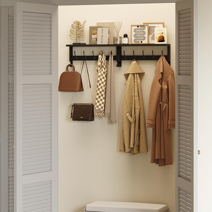 AMBIRD Coat Rack Wall Mount with Shelf, 17.1 Inches Coat Hooks Wall Mounted, Hat Wall Hooks for Hanging in Entryway, Living Room, Bathroom, Bedroom (Black)