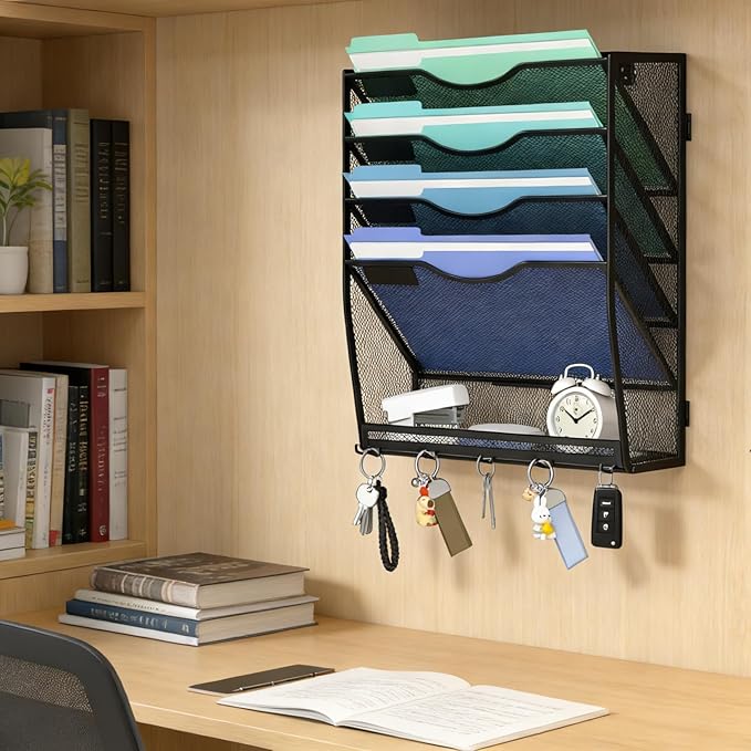 Gawerk 5-Tier Hanging Wall File Organizer with 5 Hooks - Wall Mounted Mail Paper Document Folder Holder, Sturdy Mesh Magazine Rack for Office Home