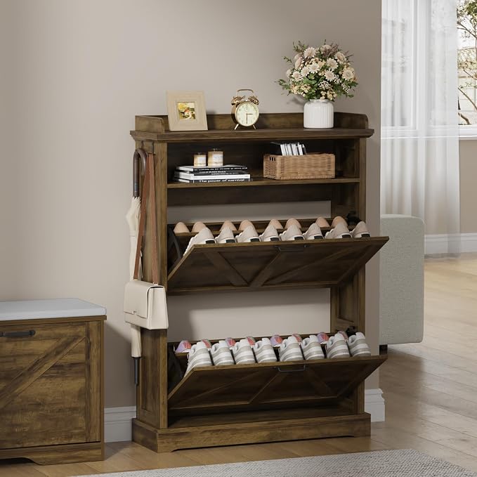 Farmhouse Shoe Cabinet with 2 Flip Drawers & Open Storage ,31.5" W Walnut | Freestanding shoe cabinet with flip drawers ,Brown design and space-saving storage for entryway,foyer & hallway
