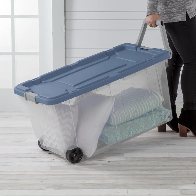 160 Quart Extra Large Clear Rolling Storage Bins 2-Pack, Blue Heavy-Duty Plastic with Locking Leakproof Lid, for Garage Basement Seasonal Storage & Transport