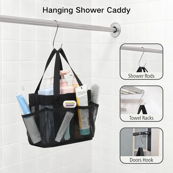 F-color Mesh Shower Caddy Portable - Stand Up 8 Pockets for Dorm, Black | Stand Up Frame, S Hook, Collapsible Organizer, Mesh Shower Bag Bathroom Tote for College Dorm, Camping, Gym, Travel