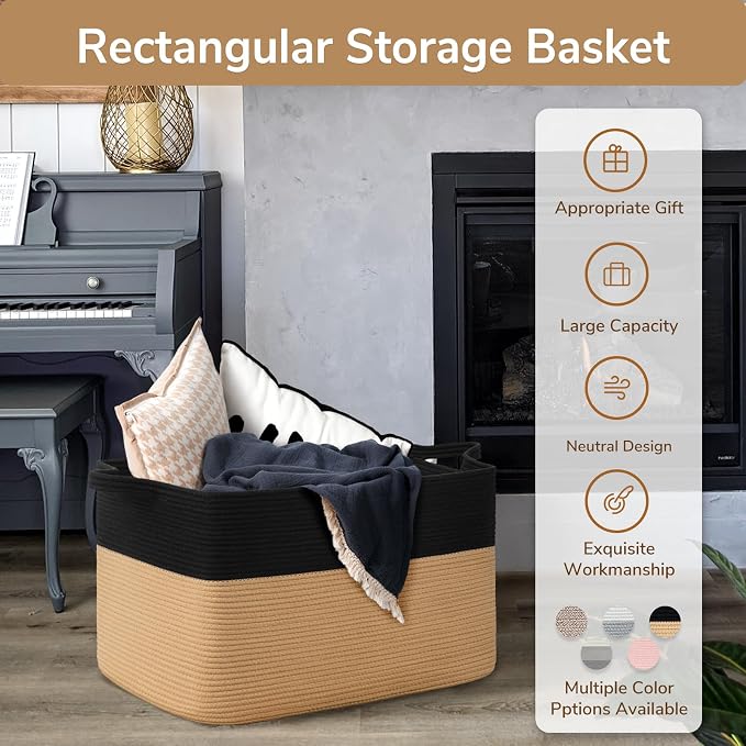 Goodpick Large Wicker Blanket Basket, Cotton Rope Storage, Black & Camel | 85L, 23.6 x 15.7 x 13.8 in, Home Organization & Decor, Blankets, Pillows, Toys & Clothes Storage for Living Room and Bedroom