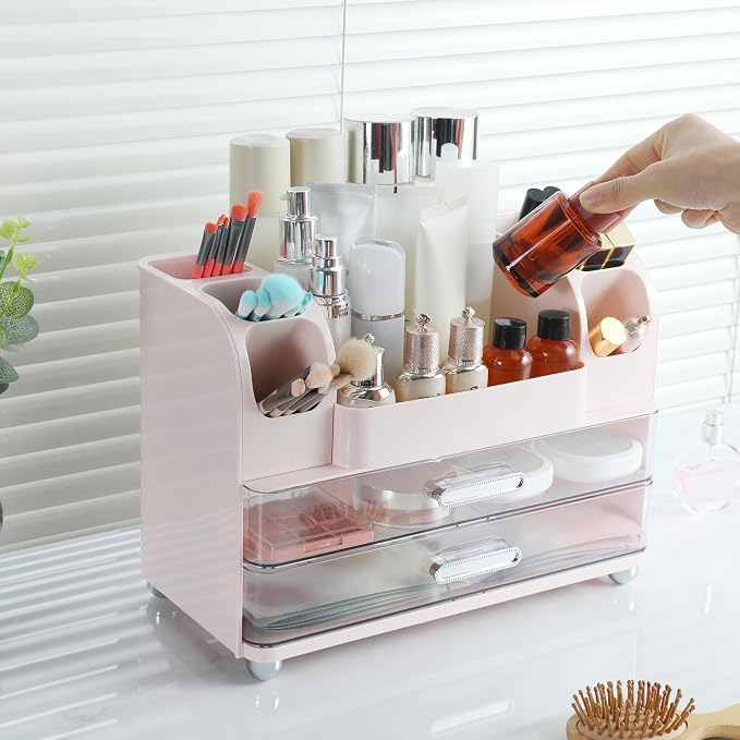 Large Makeup Organizer Countertop with Drawers, Make Up Organizer for Vanity, Makeup Storage Organizer Countertop Makeup Organizers for Skincare, Pink