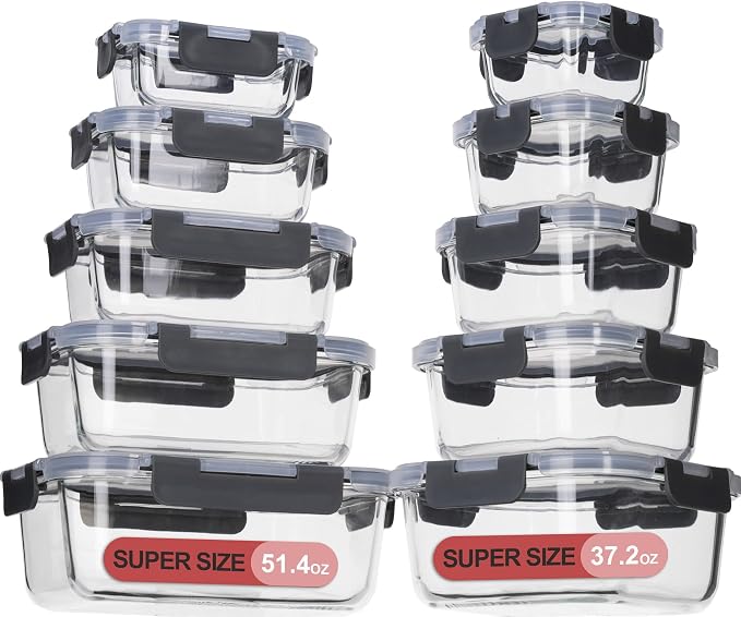 Glass Food Storage Containers with Lids Airtight, Glass Meal Prep Containers for Lunch Food, Container Set, Easy to Open& Close/Microwave,Oven,Freezer,Dishwasher Safe/Leak-Proof(20 Pieces)