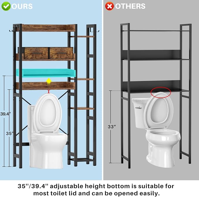 Besiost Over The Toilet Storage, 7 Tier Bathroom Organizer with Reversible Side Shelf and 2 Fabric Drawers, Adjustable Freestanding Rack Space Saver for Small Spaces, Rustic Brown