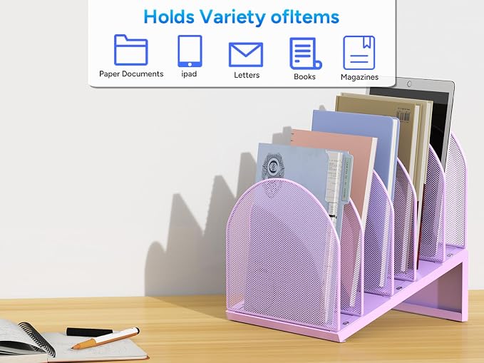 gianotter Desktop File Organizer, Desk Organizer with 5 Compartments, Paper Organizer for Desk, Workspace Organizers for Office Supplies (Purple, Inclined Style)