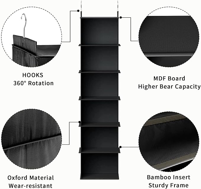 YOUDENOVA Hanging Closet Organizer, 6-Shelf Closet Hanging Storage Shelves, Black
