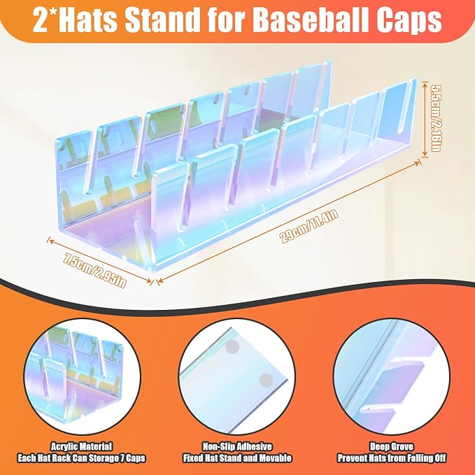 Hat Organizer for Baseball Caps Hat Rack Acrylic Hat Stand 2Pack No Install | Hat Storage for 14 Baseball Caps Closet Organization Hat Holder Display Baseball Cap Organizer for Closet, Bedroom, Dresser