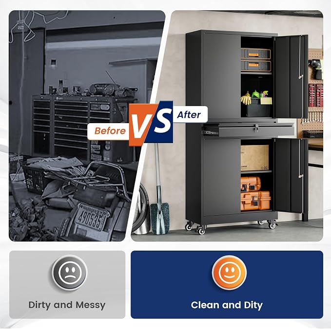 Yizosh Metal Garage Storage Cabinet with Locking Doors and Adjustable Shelves, 73" Rolling Tool Storage Cabinet with 4 Wheels and 1 Drawer for Garage,Warehouse (Black)