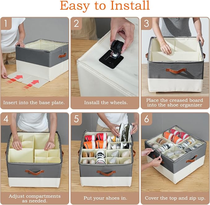 Foyego Shoe Organizer for Closet, with Wheels, Beige and Grey | Fits 16 Pairs, with Adjustable Dividers and Clear Cover, Saving Space Foldable Fabric Closet Shoe Storage Organizer Box Bins