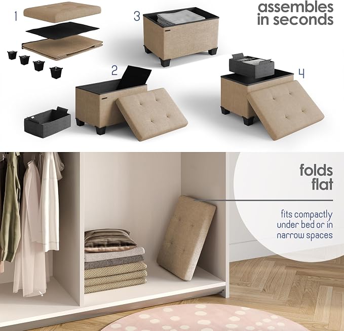 Storage Ottoman Cube with Small Bin, 16-in Square Ottoman with Storage for Living Room and Bedroom, Small Ottomans Foot Rest, Fabric Foot Stools Ottomans Max 330lbs, Taupe
