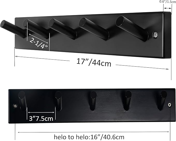 SKOLOO Wooden Wall Mounted Coat Rack,16'' Hole to Hole, 5 Pegs Bamboo Wall Hook for Hanging Clothes Robes Towels Hats,Black
