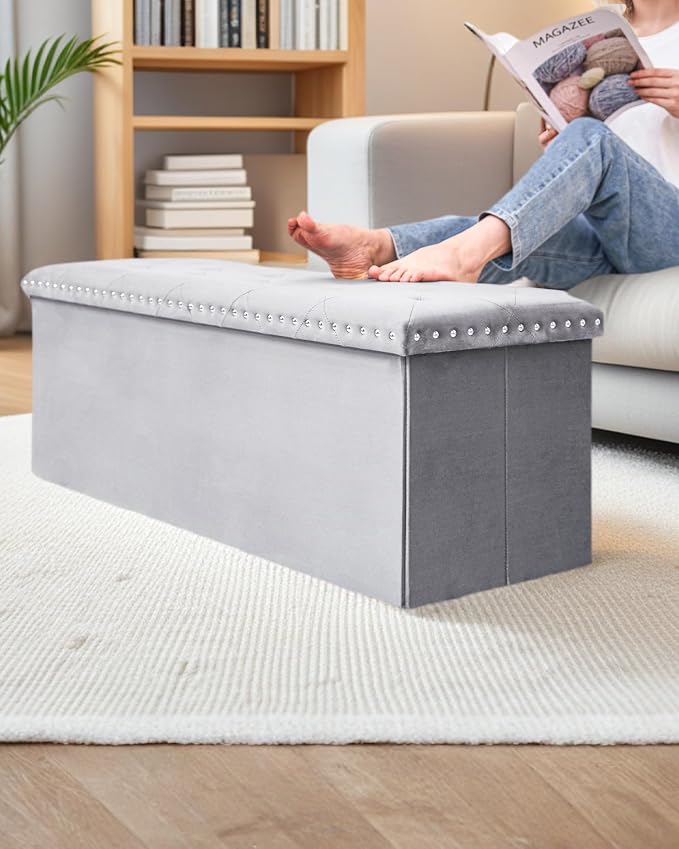 Velvet Storage Ottoman Bench, 43.3" Upholstered Tufted Ottoman with Storage, Folding Footrest Bench for Bedroom, Living Room, or Entryway, Grey