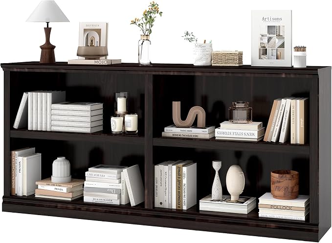 64" W Double Wide Horizontal Bookshelf, 2 Tiers 4 Storage Cube Book Case | Open Shelf Bookcase, Display Cabinet Organizer Indoor Furniture, Home Library Office, Dark Cherry, Adjustable Shelf