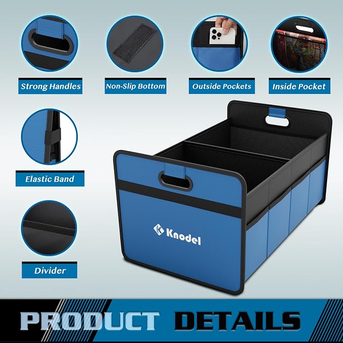 K KNODEL Foldable Trunk Storage Organizer for Car and Suv (Small, Blue) | Collapsible Car Storage Organizer, Car Organizers and Storage for Sedan, Cargo Organizer, Car Bin, Basket,Bag, Organization