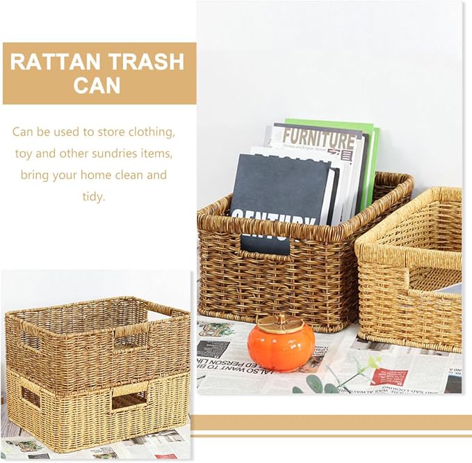 SHINEOFI Decorative Woven Storage Basket Handwoven Imitation Rattan Sundries Organizer with Hollow Handles for Home Desktop Organization Deep Coffee Color