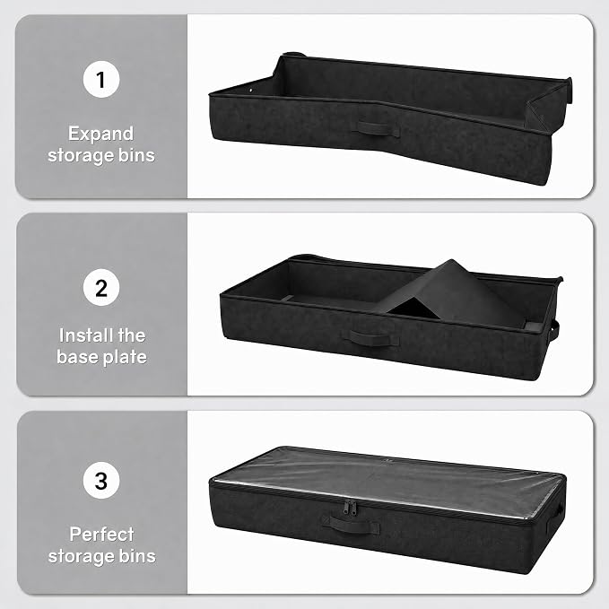 TidyCorner 2-Pack Under Bed Storage Containers, 4.5 Inches Tall Low Profile Underbed Clothes Storage Organizer Bin with Sturdy Sidewalls/Bottom, Underbed Storage Bins, Black