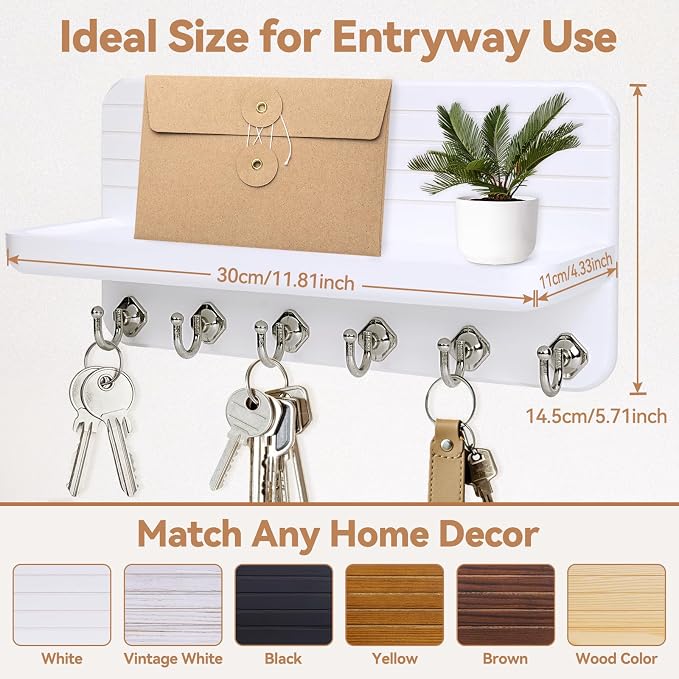 Key Holder for Wall, Mail Organizer Wall Mount with 6 Hooks Wooden Hanging Key Rack for Home Decor, Hallway, Entryway (White)