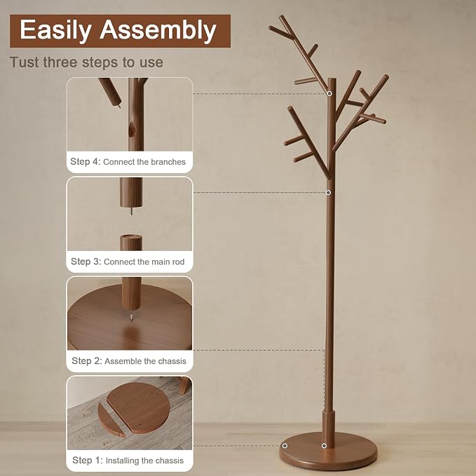 Coat Rack, Solid Wood Coat Rack Freestanding With 12 Hooks, Coat Tree Freestanding Heavy Duty 3 Adjustable Heights For Coat, Hats, Handbags, Coat Hanger Stand For Entryway, Bedroom, Walnut
