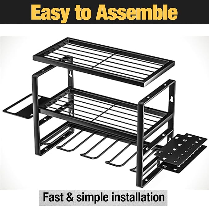 YYR Heavy Duty Power Tool Organizer Wall Mount, Cordless Drill Hanger Storage Rack, Battery Tools Holder with Charging Station Shelf for Garage Organization, Workshop, Pegboard, Shed - 16 Inch 4 Slots