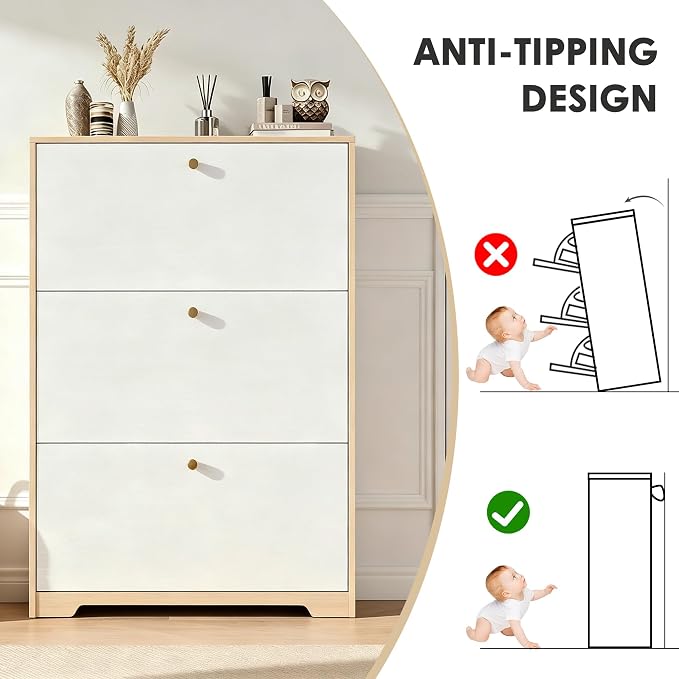 Nicetree Shoe Storage Cabinet with 3 Flip Drawers, Natural Oak and White | Narrow Shoe Organizer, Freestanding Shoe Rack Cabinet, Modern Shoe Storage Cabinet for Entryway, Hallway, Foyer, With Hook