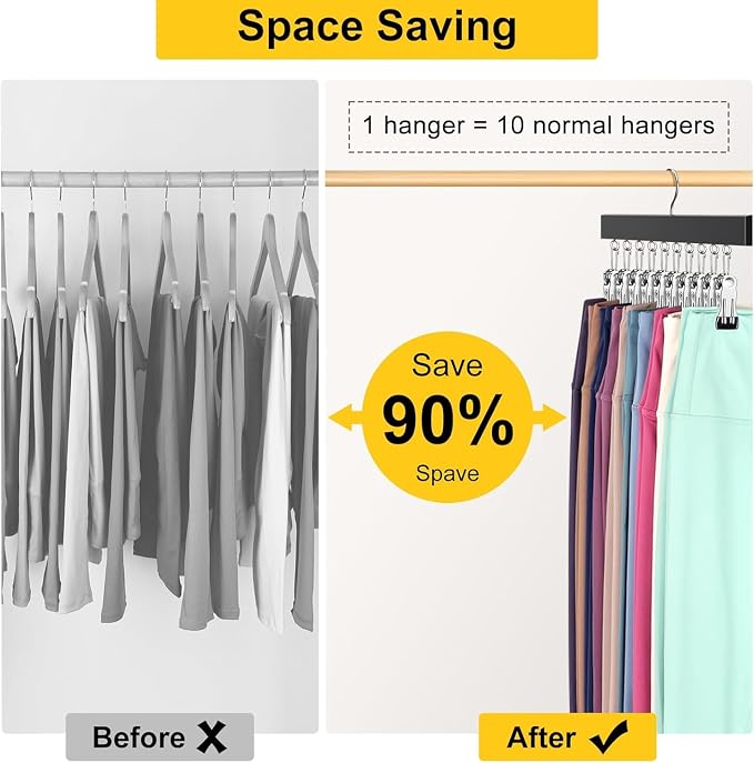 Legging Organizer for Closet, Pants Hangers with Clips | Holds 20 Leggings, Jeans, Hats, Shorts, Socks, 360° Rotating Space Saving Hanging Clothes Organize and Storage 4Pcs