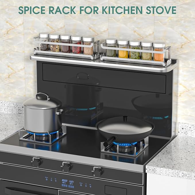 LUCYCAZ 2 Pack Wall Mounted Spice Rack for Spice Jars & Seasonings (Silver) | 8 Metal Hooks, Space-Saving,Screw or Adhesive Spice Shelf Hanging,for Kitchen Cabinet,Pantry Door,RV,Camper Spice Orgnaizer