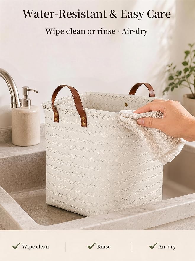 Wicker Storage Baskets, 4 Pack Woven Baskets for Shelves, White | PP Rattan, Water-resistant Wicker Basket, Large Baskets with Faux Leather Handles for Blanket, Laundry Organizer, Room Decor