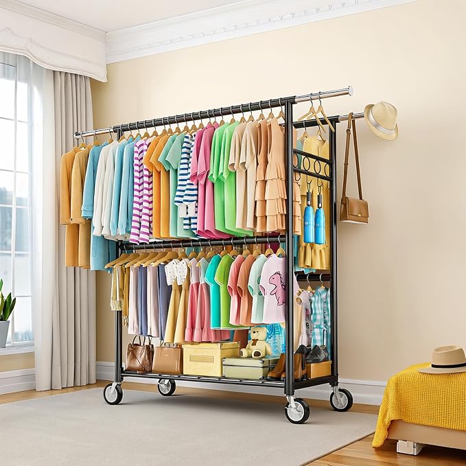 Heavy Duty Clothes Rack Load 1060LBS, Four Rods Rolling Clothing Racks for Hanging Clothes, Rolling Garment Rack With Sturdy Wheels Shelves Hooks, Portable & Adjustable Commercial Garment Rack, Black