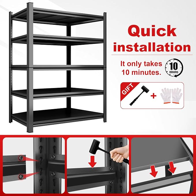 5Tier Storage Shelves Heavy Duty Adjustable Metal Garage Shelving Unit Rack Metal Storage Shelf Heavy Duty Shelf for Heavy Tools and Equipment, Ideal for Garage, Basement, Black