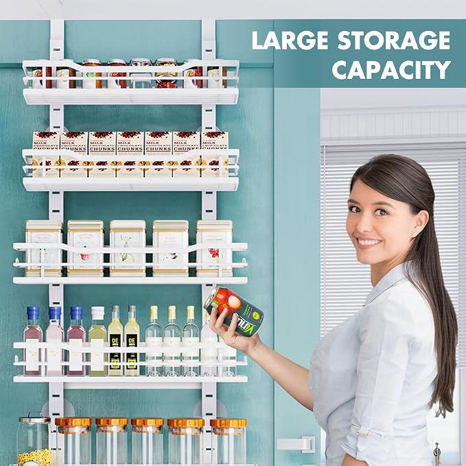 Eastherry Over The Door Pantry Organizer,6-Tier Over The Door Organizer with Adjustable Basket,Metal Hanging Pantry Organizers and Storage for Kitchen, Back of Door Seasoning Rack (White)