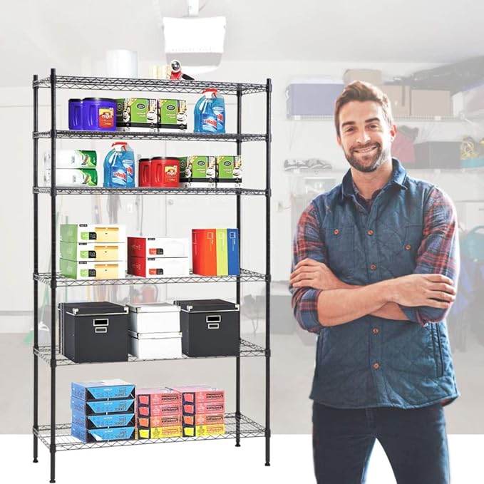 BestOffice | 6-Tier Wire Shelf | 42" x 16" x 72" | Black | Storage Shelves with Adjustable Racks, Holds upto 1500 lbs | Rust-Resistant, No-Tool Assembly | For Home, Garage