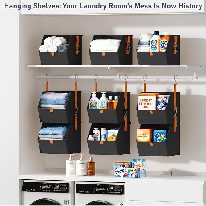 DIMJ Hanging Closet Organizer - 4 Tier Collapsible Hanging Shelves with Hooks Zipper, Fabric Clothes Organizer, Space-Saving Storage Bin Basket for RV, Bedroom, Laundry Organization